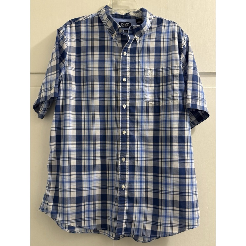 Chaps Easy Care Blue Plaid Button Down Short Sleeve Shirt - Size XL